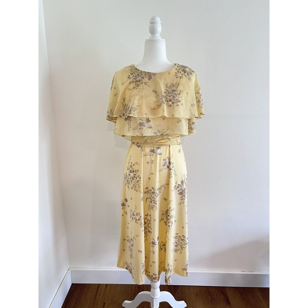 70's Shawl Collar Neck Yellow Floral Dress Vintage Dlang Fashions Belt sz 12